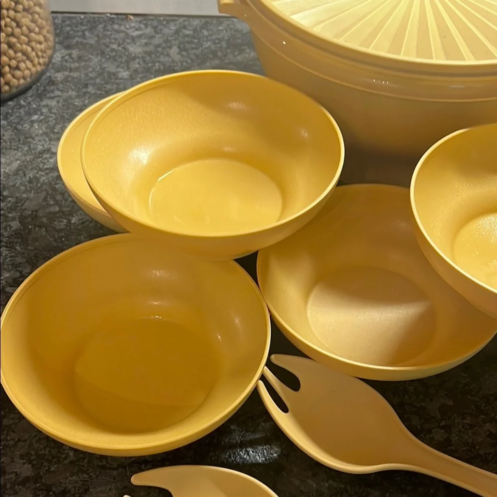 Vintage Tupperware Servalier Salad bowl, 6 bowls, Serving Utensils, & cruet